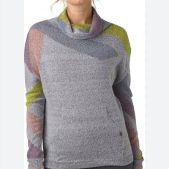 Prana Gray and Green Cowl Neck kangaroo pocket pullover Sweater - Picture 1 of 5